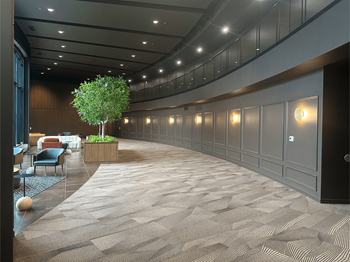 A long hallway with a tree in a planter in the middle.